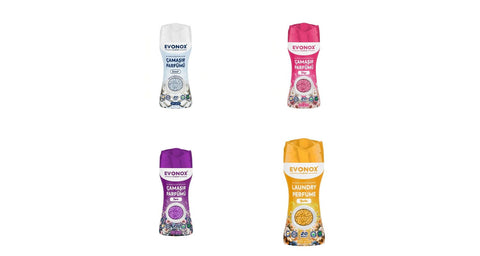 Evonox Clean granül çamaşır parfümü çeşitleri: Beyaz Sabun, Paris, Tokyo, Berlin ve İstanbul ambalajları