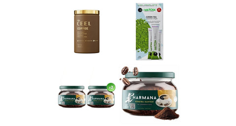 Doğal çaylar ve kahveler: Keyftime dökme siyah çay paketleri, matcha saşeleri ve hindiba kahvesi ambalajları