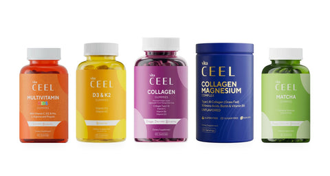 Gummy takviye çeşitleri – Vita Ceel Multivitamin Kids, D3 & K2, Collagen, Collagen Magnesium ve Matcha gummies kavanozları