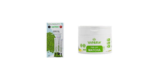Matcha tozu ve toz çaylar: WeNatur matcha yeşil çay tozu paketi ve aromalı matcha saşeleri bir arada