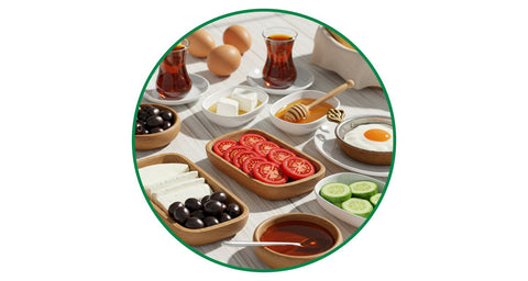 Türk kahvaltısı sofrası: peynir, zeytin, domates, yumurta ve çay