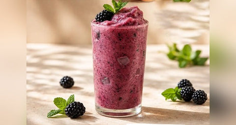 Vişneli milkshake – bardakta koyu renkli meyveli milkshake, nane yaprağı ve meyve süslemesi