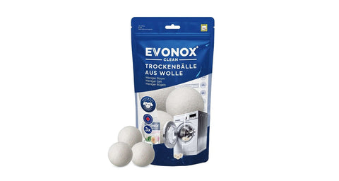 Evonox Clean 3'lü yün kurutma topu seti, yanında Baby Soft, Pure Musk ve Lilium Lotus esans şişeleri