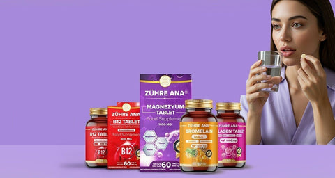 Zühre Ana tablet serisi – B12, magnezyum, bromelain ve kolajen tablet kutuları