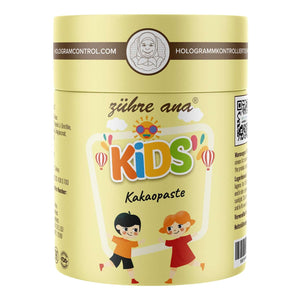 Zühre Ana Kids kakaolu macun kavanozu ve ambalajı, çocuklar için doğal takviye edici gıda