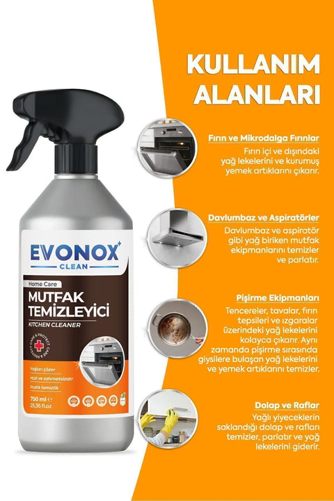 Evonox Clean Ultra Güçlü Mutfak Yüzey Temizleyici ve Yağ Sökücü Limon Kokulu Sprey 750 ml