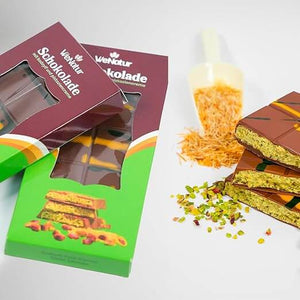 WeNatur Dubai Style çikolata Antep fıstıklı kadayıflı 100 gram paket modern geleneksel lezzet birleşimi