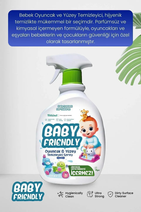 Baby Friendly Bebek Çocuk Oyuncak & Yüzey Temizleyici Sprey, toksik olmayan ve doğal bileşenlerle hijyen sağlar.
