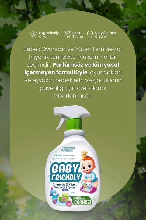 Baby Friendly Bebek Çocuk Oyuncak & Yüzey Temizleyici Sprey ambalajı üzerine bilgilendirici içerik yer alıyor.