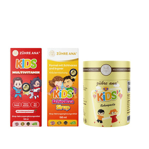 Çocuk Kış Seti (Ekinezya Şurubu, Kids Multivitamin Şurup,Kinder Kakao Paste) ürünleri set halinde.