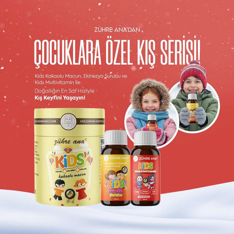 Çocuk Kış Seti (Ekinezya Şurubu, Kids Multivitamin Şurup,Kinder Kakao Paste) ürünlerinin tanıtıldığı kış temalı görsel.