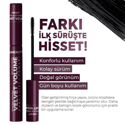 EMBEAUTY Velvet Volume siyah maskara, hacimli ve belirgin kirpik görünümü için özel fırçalı günlük göz makyaj ürünü