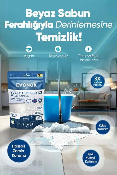 Evonox Clean Yüzey Temizleyici Akıllı Kapsül Beyaz Sabun Kokulu ile derin temizlik