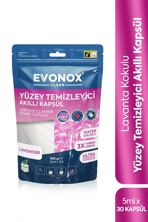 Evonox Clean Yüzey Temizleyici Akıllı Kapsül Lavanta Kokulu, seramik ve diğer zeminler için kullanıma uygun.