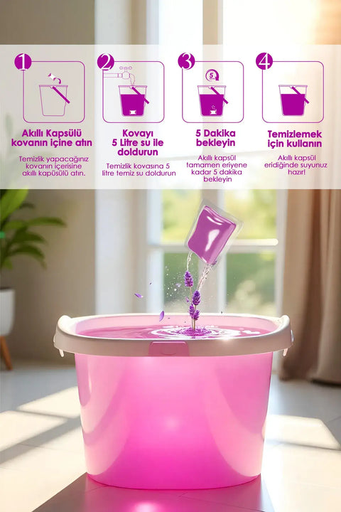 Evonox Clean Yüzey Temizleyici Akıllı Kapsül Lavanta Kokulu, temizlik kovasına kapsül atma adımları.