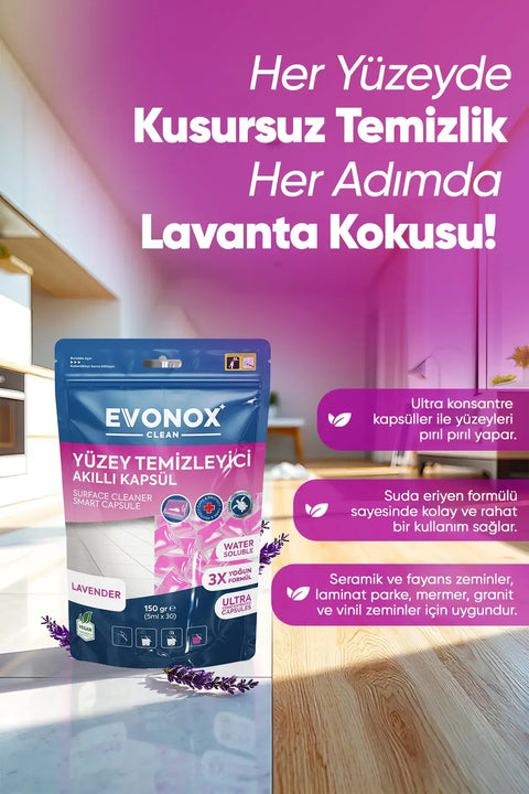 Evonox Clean Yüzey Temizleyici Akıllı Kapsül Lavanta Kokulu ürün paketinin fotoğrafı.