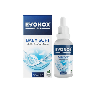 Evonox Clean Yün Kurutma Topu Esansı Baby Soft 30 ml şişede hafif ve yumuşak koku sağlar.