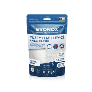 Evonox Clean yüzey temizleyici akıllı kapsül beyaz sabun kokulu ambalajı ile farklı zeminlerde kolay kullanım sağlar