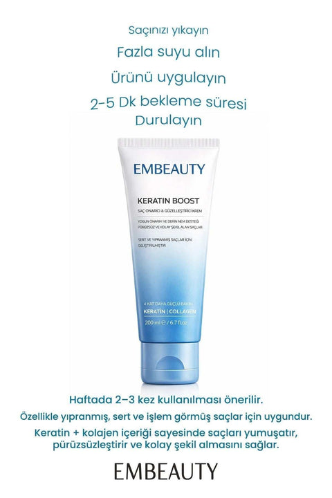 EMBEAUTY Keratin Boost 200 ml keratin saç maskesi kutusu ve kavanozu
