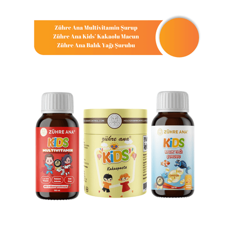 Kinder Set 2 with Zühre Ana Multivitamin Syrup, Kids' Cacao Paste, and Balık Yağı Syrup for children.