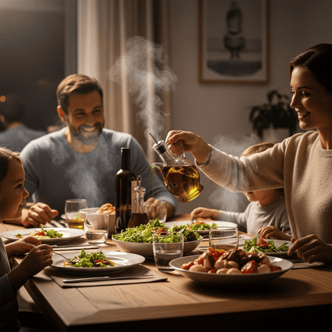A family enjoying dinner together, adding Lychnos Zeytinyağ 5 lt to their healthy meals on a wooden table.