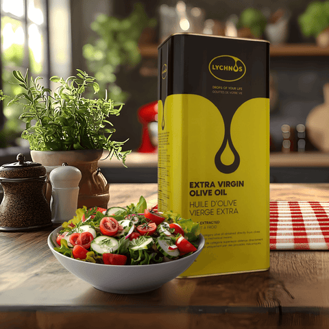 Lychnos Zeytinyağ 5 lt kutusu yanında taze sebzelerle dolu bir salata.