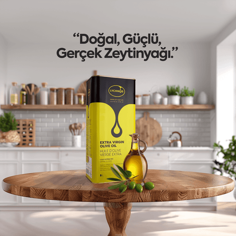 Lychnos Zeytinyağ 5 lt. doğal zeytinyağı ambalajı, rustik mutfakta sunulan kaliteli ürün