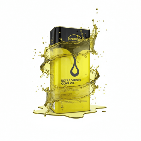 Lychnos Zeytinyağ 5 lt ambalajı su sıçramalarıyla birlikte sergilenen yüksek kaliteli zeytinyağı.