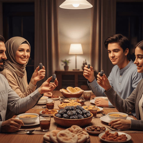 Medjool Hurma 5 kg - A family enjoying a meal with Medjool dates at a dining table.