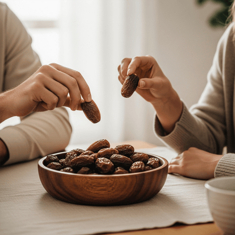 Medjool Hurması 1 kg - İki kişi bir kapta taze Medjool hurması alıyor.