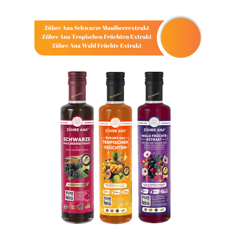 Meyve Özü Seti (Karadut Özü, Orman Meyveleri  Özü ve Tropikal Meyve Özü) şişeleri açık arka planda