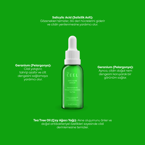 THE CEEL Anti Acne Serum: Salisilik asit, çay ağacı yağı ile akne karşıtı serum, cilt dengesini korur.