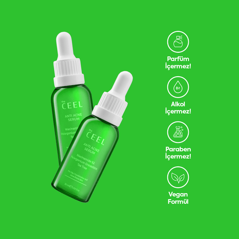 THE CEEL Anti Acne Serum bottles on a green background, emphasizing vegan and alcohol-free ingredients.