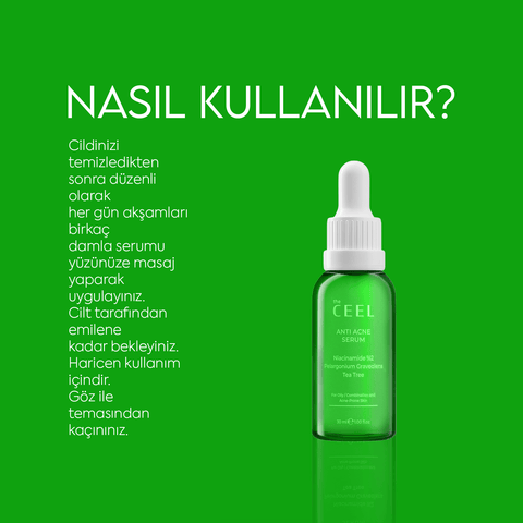 THE CEEL Anti Acne Serum kullanımı ile ilgili bilgi ve kullanım talimatları.