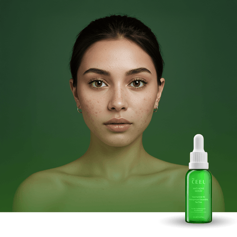 THE CEEL Anti Acne Serum displayed with model showing clear skin benefits of the product.
