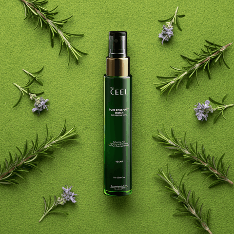 THE CEEL Biberiye Suyu Dökülme Karşıtı ve Hızlı Saç Uzatma Etkili Saf Saç Toniği 100 ml yanında taze biberiye dallarıyla.