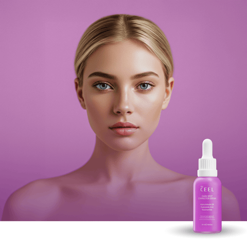 THE CEEL Dark Spot Corrector Serum displayed alongside a model, showcasing skin brightening benefits.