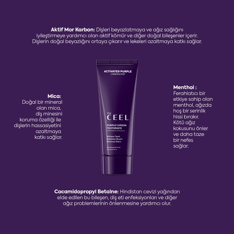 THE CEEL Diş Beyazlatıcı Aktif Mor Karbon Diş Macunu içerik bilgileri ve faydaları ile birlikte görseli.