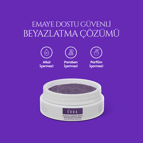 THE CEEL Diş Beyazlatıcı Aktif Mor Karbon Diş Tozu, emaye dostu beyazlatma çözümü.