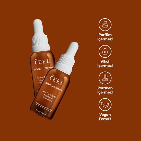 THE CEEL Leke Karşıtı Aydınlatıcı C Vitamini Serumu şişeleri, paraben, alkol, parfüm ve vegan formül notlarıyla.