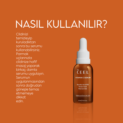 THE CEEL Leke Karşıtı Aydınlatıcı C Vitamini Serumu kullanımı açıklayan bir ürün görüntüsü.