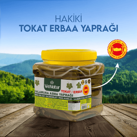 Tokat Erbaa Salamura Asma Yaprağı – Net 600 g | Brüt 1300 g, gerçek Tokat kalitesinde salamura asma yaprağı.