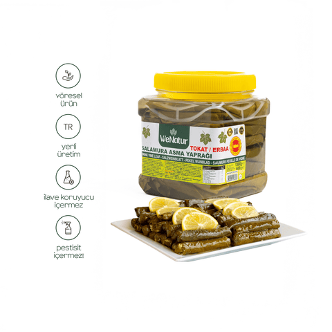 Tokat Erbaa Salamura Asma Yaprağı – Net 600 g | Brüt 1300 g ürün kutusu ve zeytinyağlı sarmalar ile birlikte.