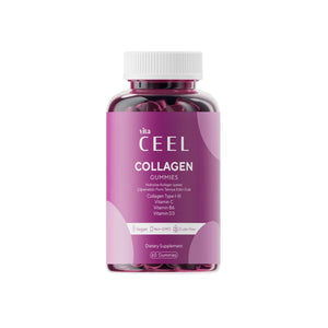 Vita Ceel Collagen Gummies bottle with dietary supplement details, promoting skin elasticity and health benefits.