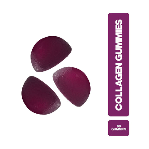 Vita Ceel Collagen Gummies, three purple gummi supplements with packaging label showing 'Collagen Gummies' and '60 Gummies'.