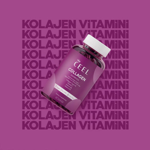 Vita Ceel Collagen Gummies product bottle on purple background with collagen vitamins
