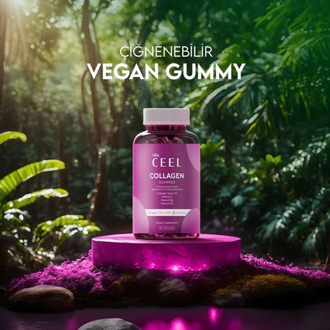 Vita Ceel Collagen Gummies bottle showcased in a vibrant jungle setting, highlighting vegan ingredients.