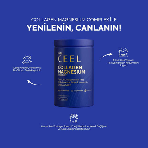 Vita Ceel Collagen Prebiotic & Magnesium Complex ürün ambalajı, kolajen ve magnezyum bileşeni ile sağlık desteği.