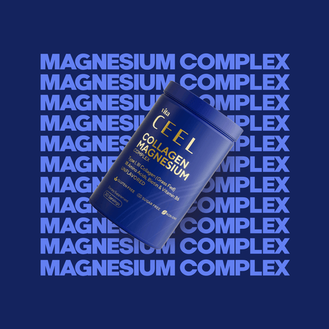 Vita Ceel Collagen Prebiotic & Magnesium Complex product on blue background with magnesium complex text.