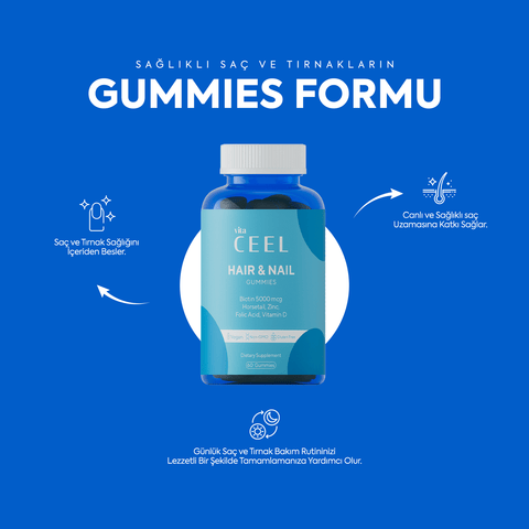 Vita CeeL Hair and Nail Gummies, biotin, folik asit ve D vitamini ile sağlıklı saçlar ve güçlü tırnaklar için geliştirilmiş jel vitaminler.